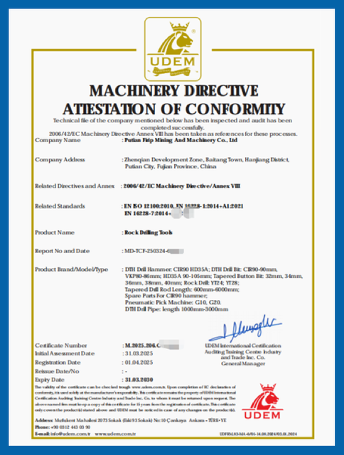 FIRIP Rock Drilling Tools Machinery Directive Conformity Certificate